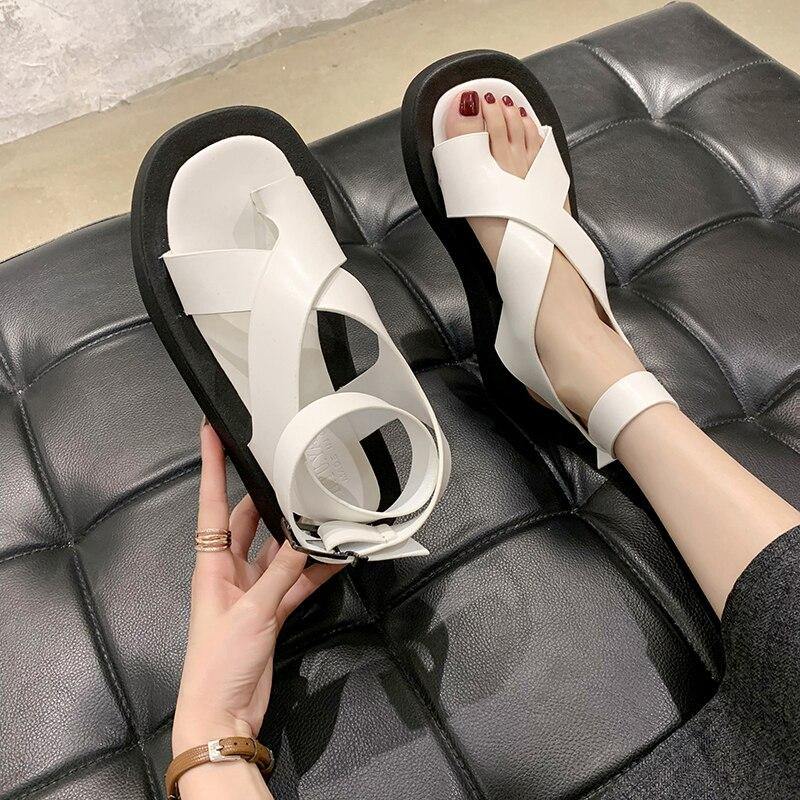 Women's Clip Toe Cross Square Flat Sandals - AM APPAREL