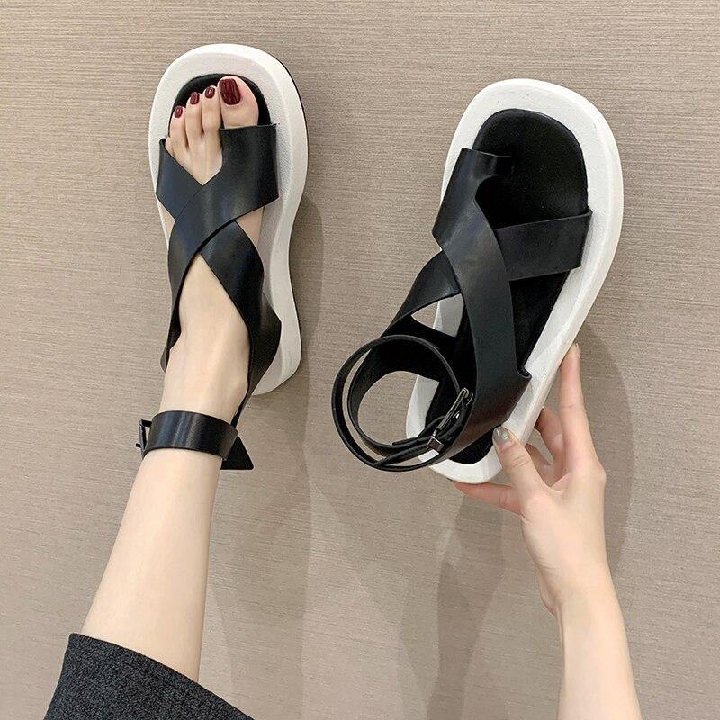 Women's Clip Toe Cross Square Flat Sandals - AM APPAREL