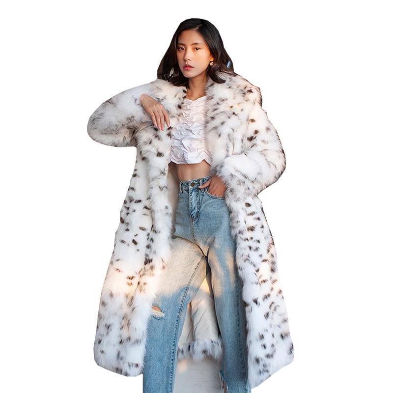 Women's Faux Fur Leopard Print Winter Long Coat - AM APPAREL