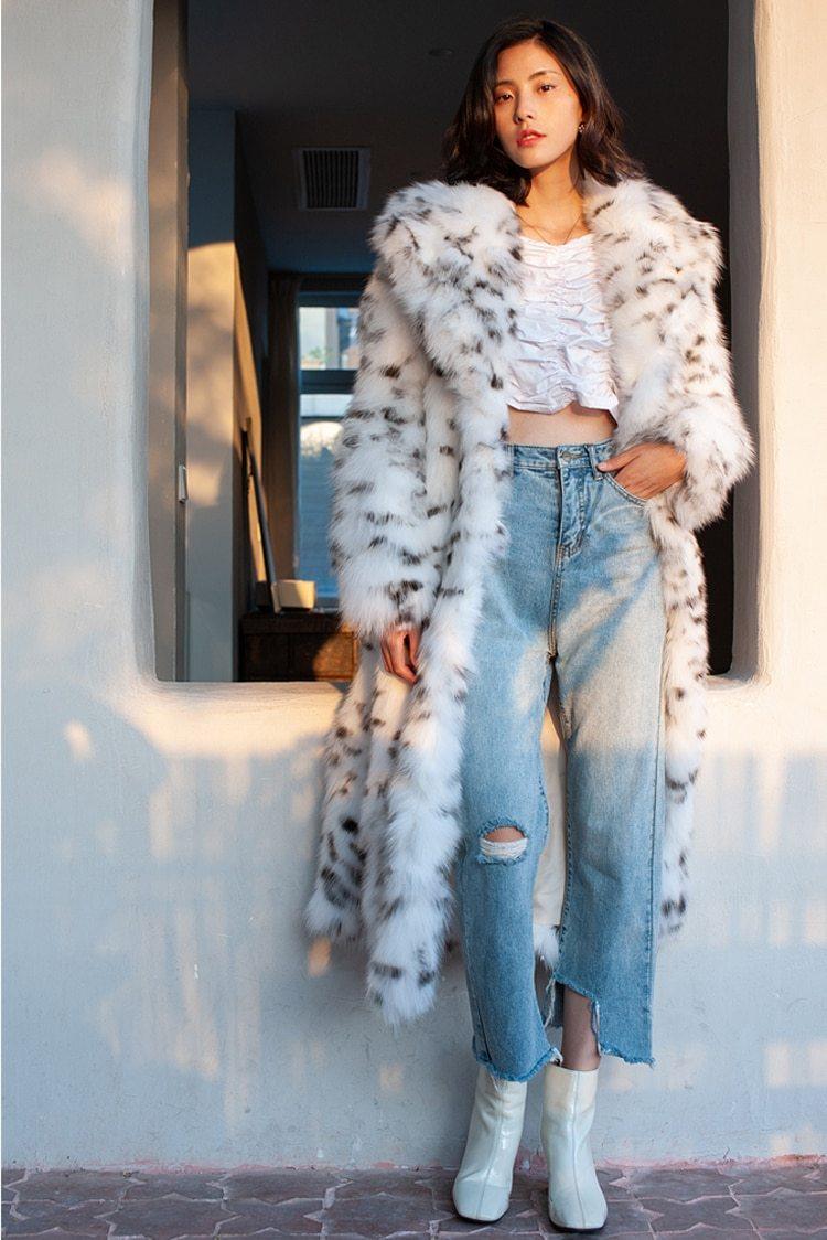 Women's Faux Fur Leopard Print Winter Long Coat - AM APPAREL