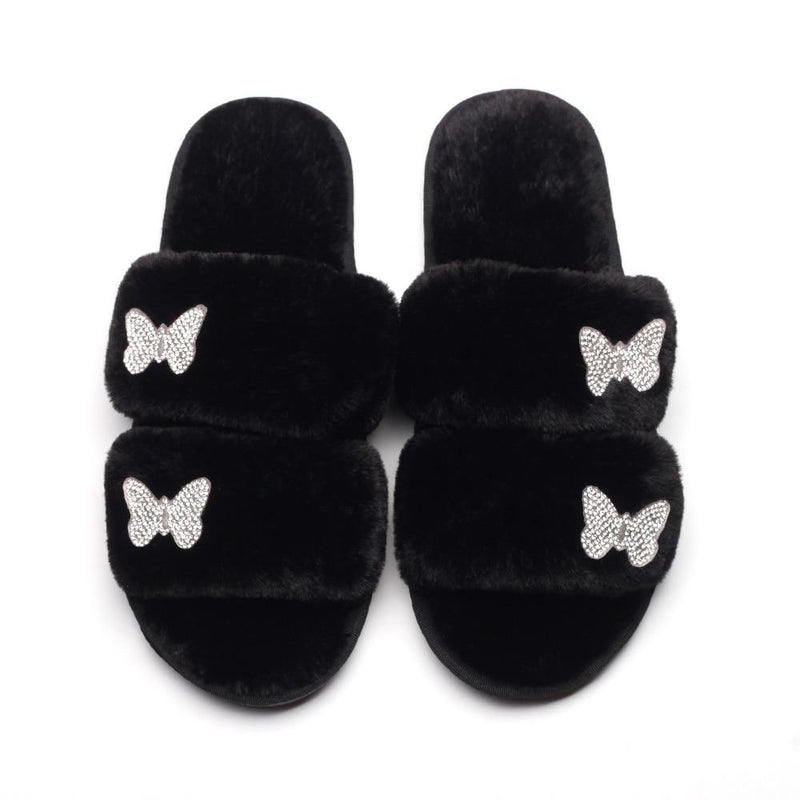 Women's Furr Slippers W/ Rhinestone Butterfly Detail - AM APPAREL