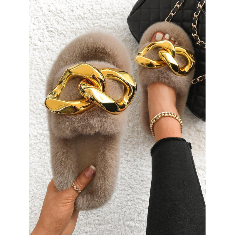 Women's Furry Slides W/ Gold Chain Detail - AM APPAREL