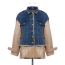 Women's Patchwork Faux Leather & Denim Coat - AM APPAREL
