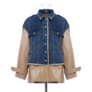 Women's Patchwork Faux Leather & Denim Coat - AM APPAREL